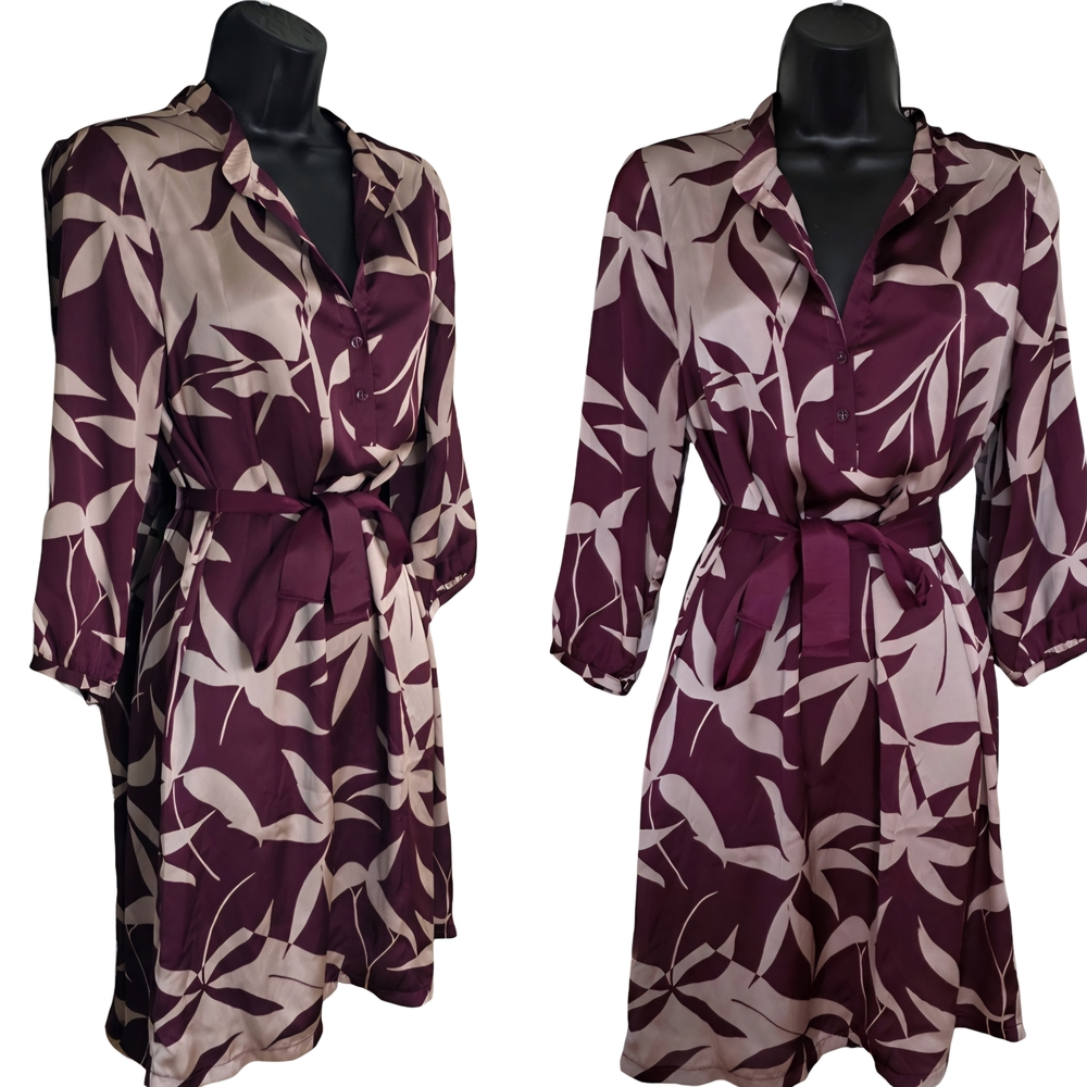 ❤️Yamamay Chic Burgundy Leaf Print Long Sleeve Satin Dress☆